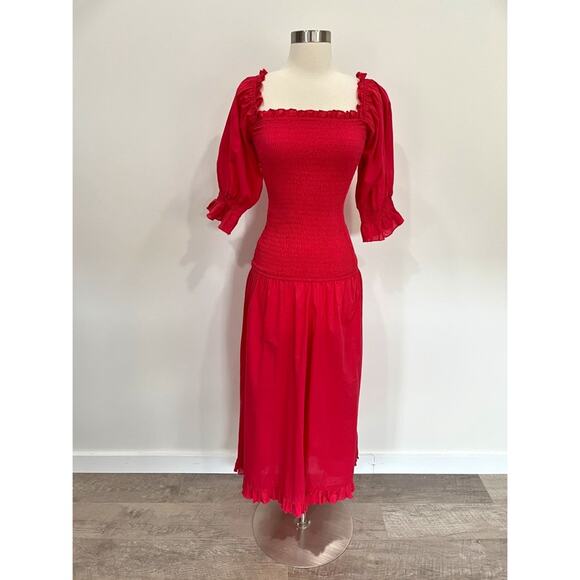 NWT Rhode Resort Eva Smocked Off-The-Shoulder Cotton Maxi Dress Red - Picture 13 of 15